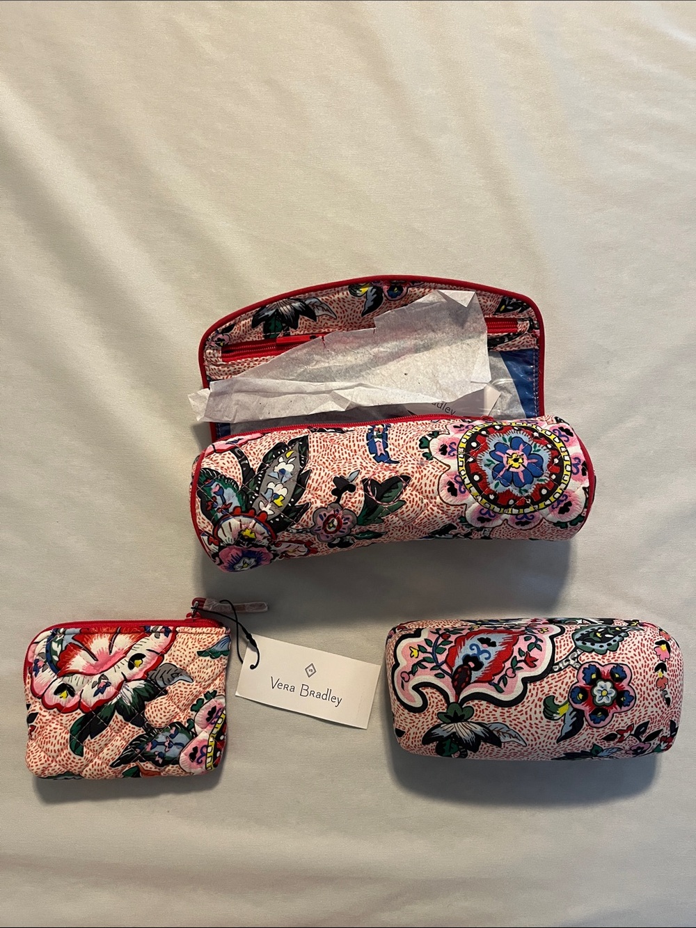 Vera Bradley Pink Floral Quilted 3-Piece Travel Set with Multicolor Paisley